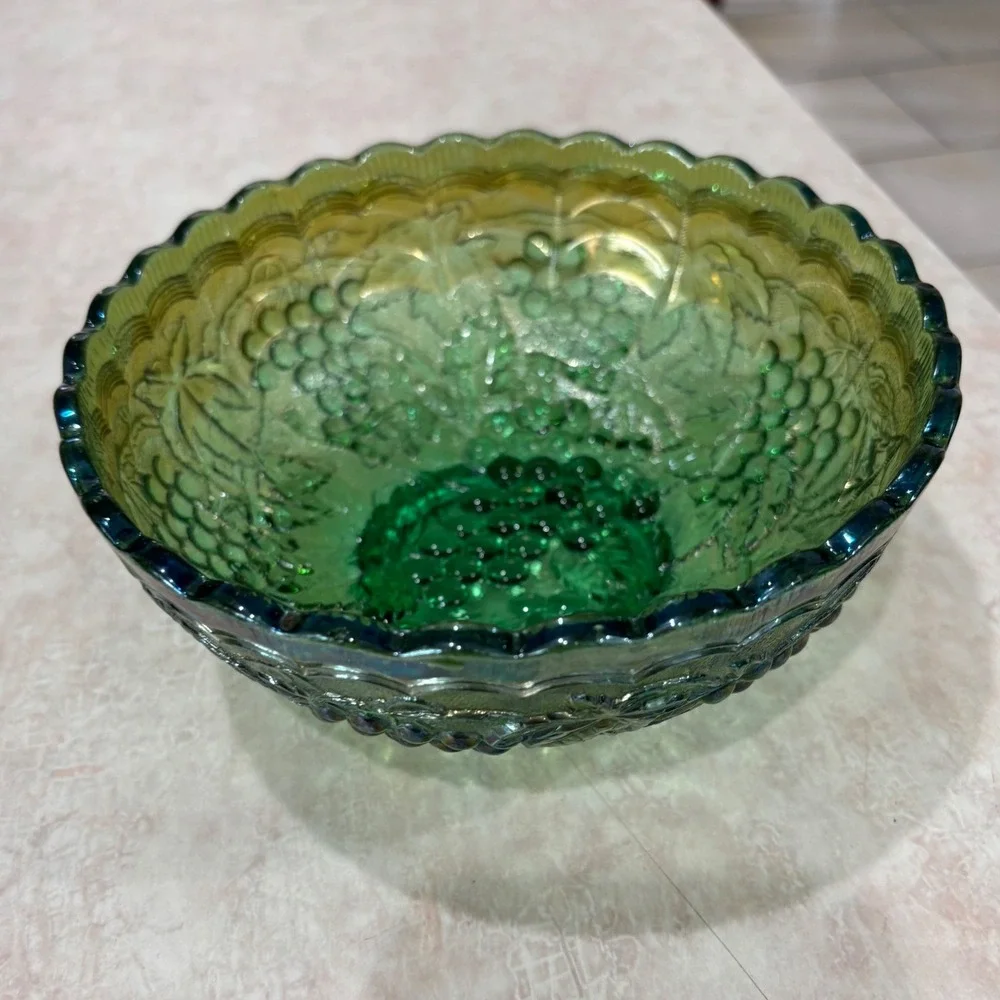 Antique Green Imperial Carnival Glass Scalloped Footed Decorative Bowl 8 Inch